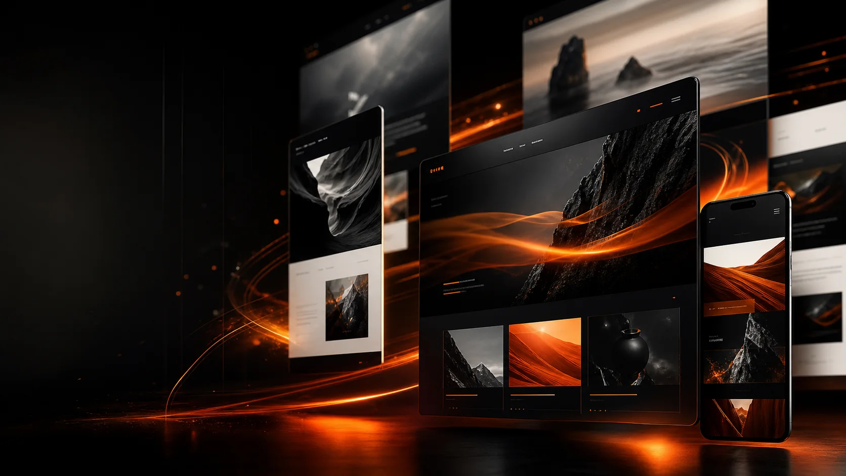 Premium website canvases floating in an orange-lit studio